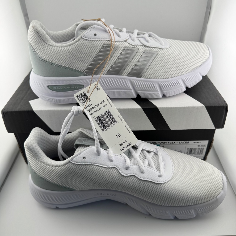 Adidas Cloudfoam Flex Laces Women 10 White Silver NIB JS4891 Running Sneakers